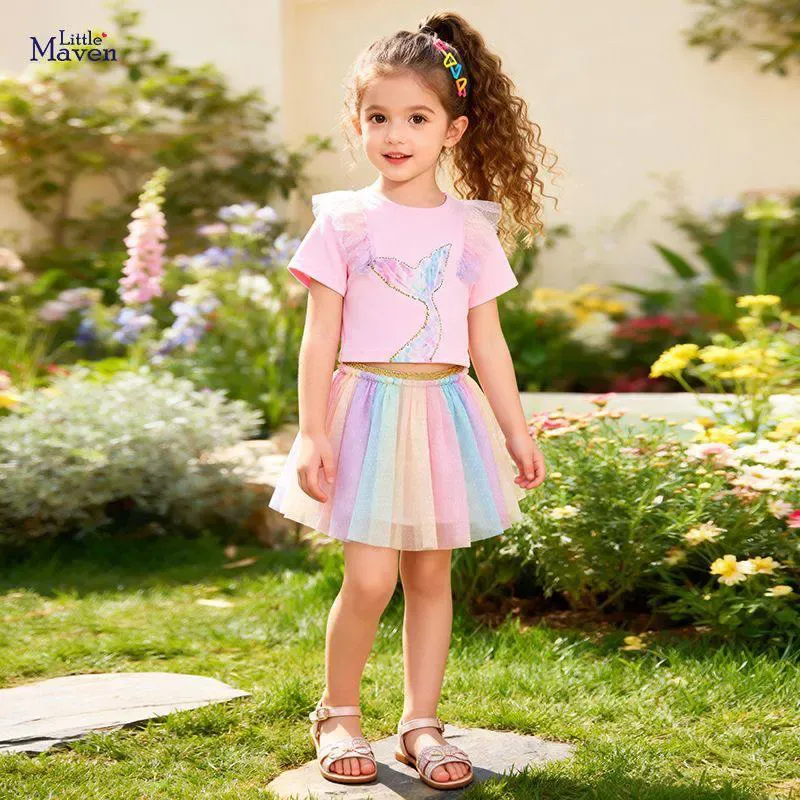 تاپ-دامن-دخترانه-Little-Maven-طرح-پری-دریایی-با-دامن-رنگین-کمان-مناسب-۲-تا-۸-سال-4.webp